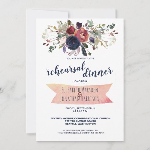 Elegant Boho Burgundy Navy Floral Rehearsal Dinner Invitation