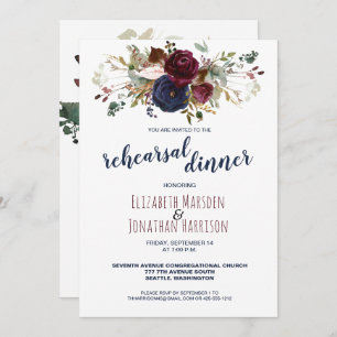 Elegant Boho Burgundy Navy Floral Rehearsal Dinner Invitation