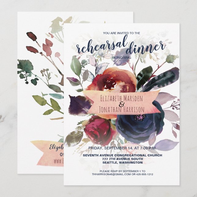 Elegant Boho Burgundy Navy Floral Rehearsal Dinner Invitation (Front/Back)