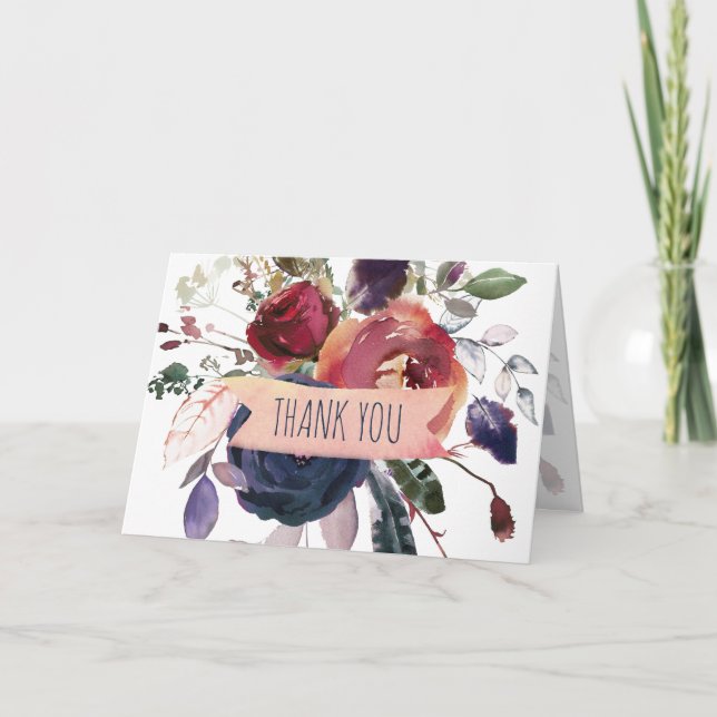 Elegant Boho Burgundy Navy Floral Thank You Card (Front)