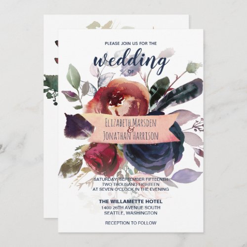 Elegant Boho Burgundy Navy Mauve Floral Wedding Invitation