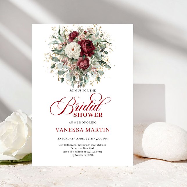 Elegant Boho Burgundy & White Floral Bridal Shower Invitation (Elegant Burgundy & White Floral Bridal Shower Invite)