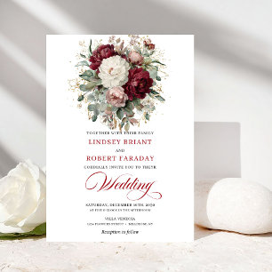Elegant Boho Burgundy White Floral Gold Wedding Invitation