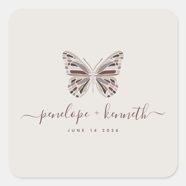Elegant Boho Butterfly Burgundy Taupe Wedding Square Sticker (Front)