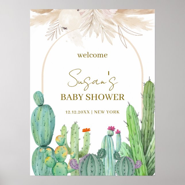 Elegant Boho Cactus Arch Baby Shower Welcome  Poster (Front)