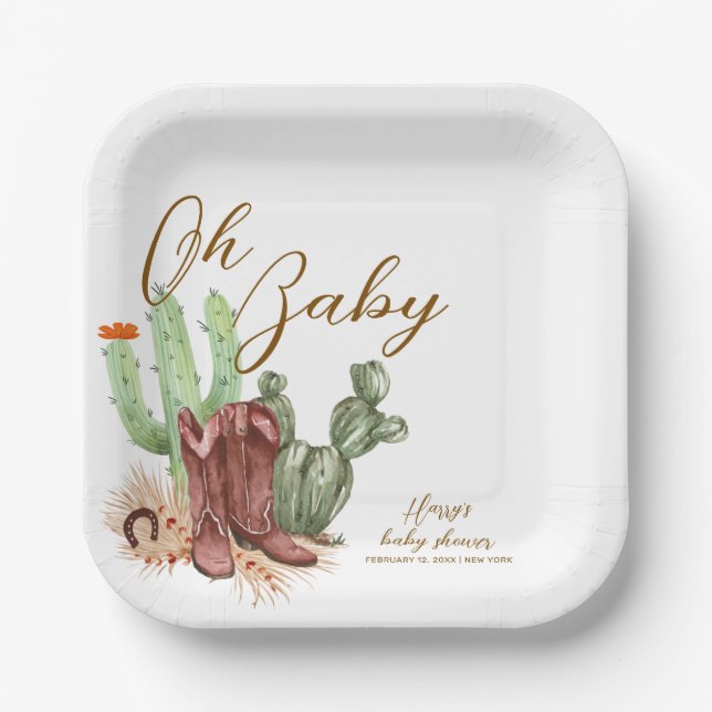 Elegant Boho Cactus Cowboy Shoes Baby Shower  Paper Plates (Front)