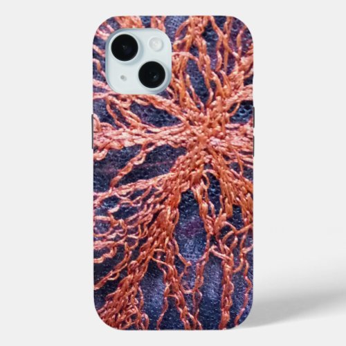 Elegant boho chic burnt orange indigo embroidery  iPhone 15 case