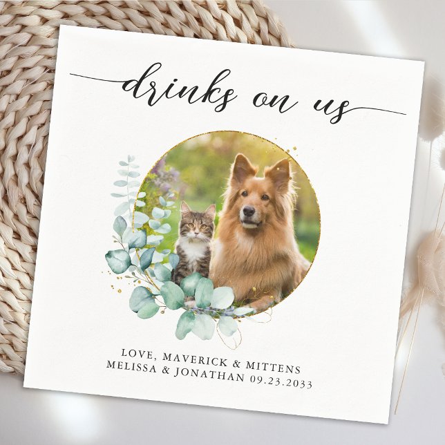 Elegant Boho Chic Drinks On Us Dog Photo Wedding Napkins (Creator Uploaded)