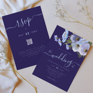 Elegant Boho Chic Floral Blue Wedding QR Code Invitation