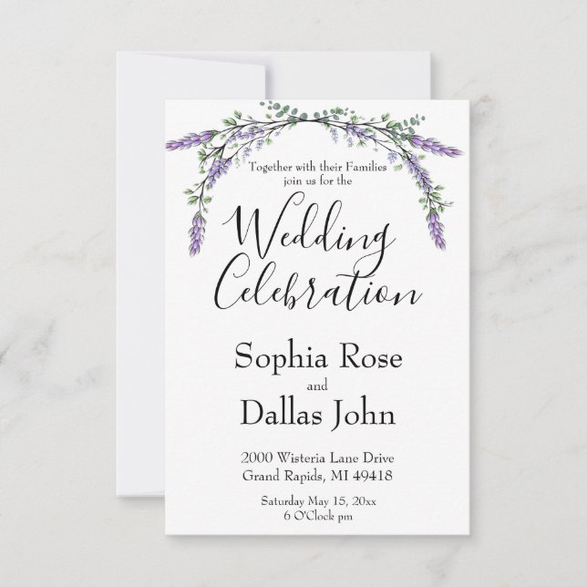 Elegant boho chic Lavender and Eucalyptus Invitation (Front)