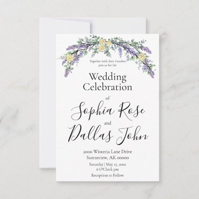 Elegant boho chic Lavender yellow roses wedding  Invitation (Front)