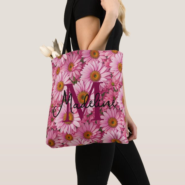 Elegant boho chic pink florals pink daisies  tote bag (Close Up)