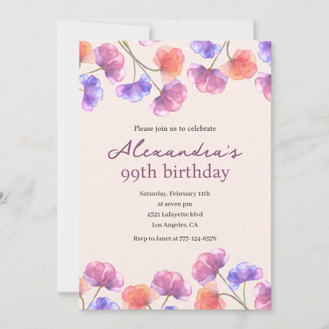 Elegant Boho Chic Watercolor Floral 99th birthday Invitation (Front)