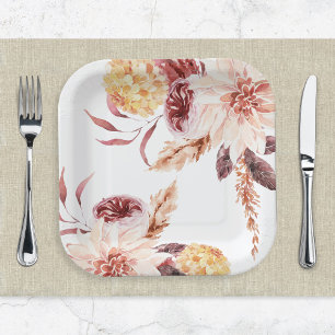 Elegant Boho Chic Watercolor Floral Bridal Shower Paper Plates