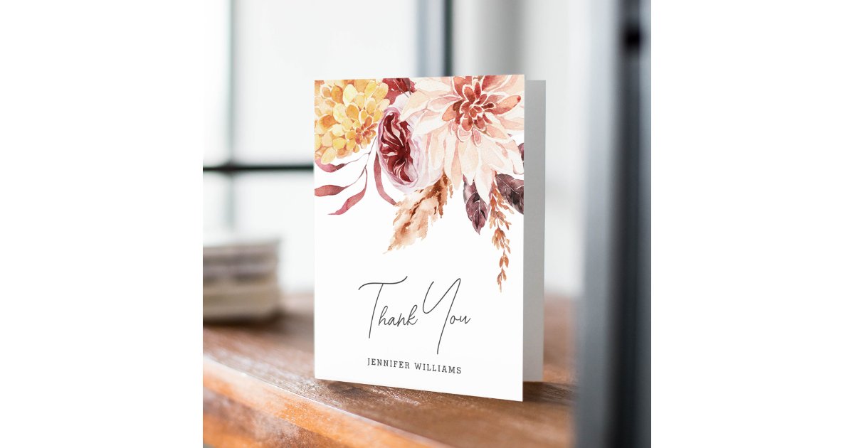 Elegant Boho Chic Watercolor Floral Bridal Shower Thank You Card | Zazzle