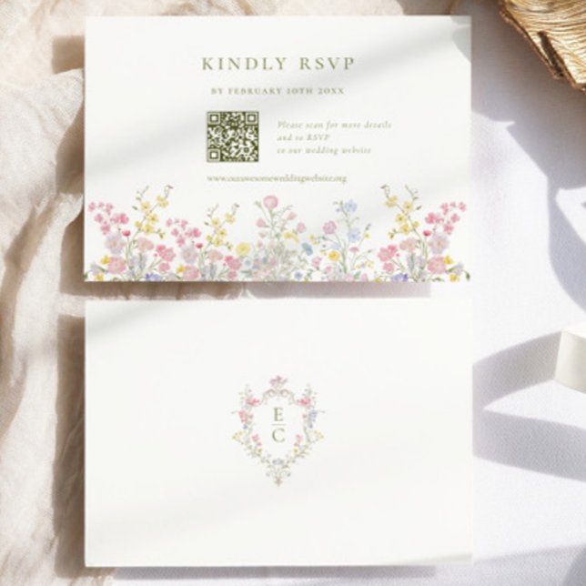 Elegant Boho Chic Wildflowers Wedding QR code RSVP Card (Creator Uploaded)