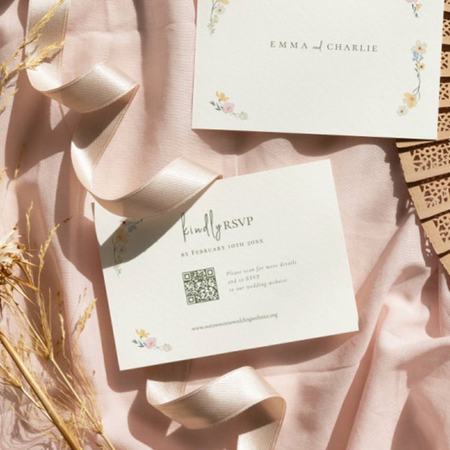 Elegant Boho Chic Wildflowers Wedding QR code RSVP Card (Creator Uploaded)