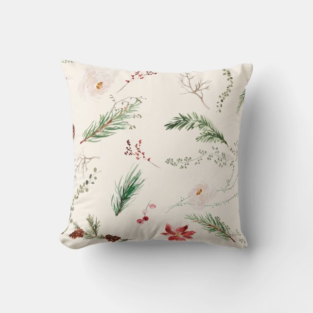 Elegant Boho Christmas Holiday Poinsettia Pine Throw Pillow (Front)