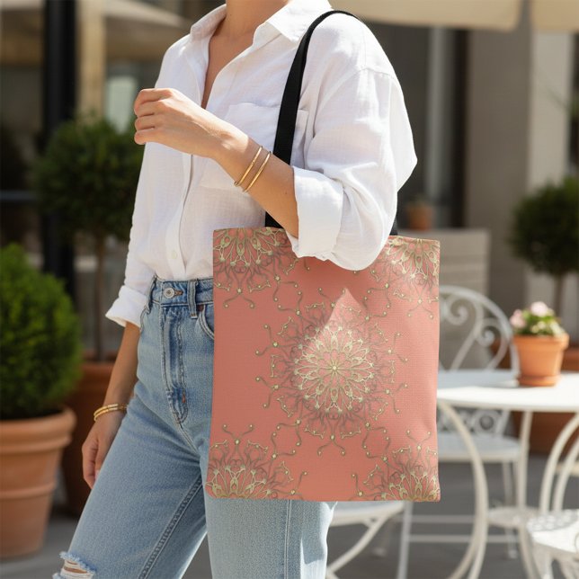Elegant Boho Coral Pink & Gold Jewel Mandala Tote Bag (Creator Uploaded)