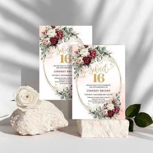 Elegant Boho Deep Red Peonies Sweet Sixteen Invite