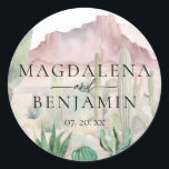 Elegant Boho Desert Landscape Cactus Wedding Classic Round Sticker<br><div class="desc">Modern and elegant bohemian wedding design on the background of a watercolor Southwestern desert landscape with cacti,  in neutral,  earthy muted tones of pinks,  beiges,  and greens.</div>