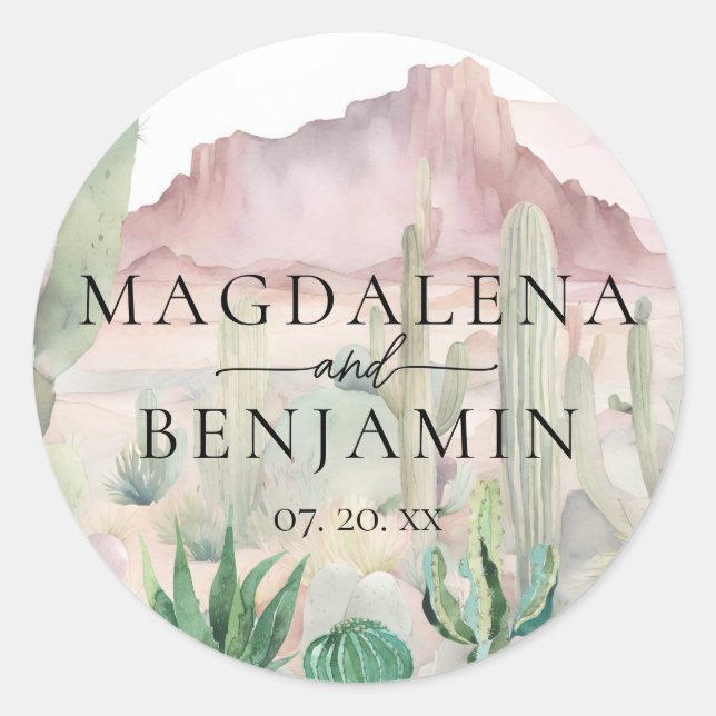 Elegant Boho Desert Landscape Cactus Wedding Classic Round Sticker (Front)