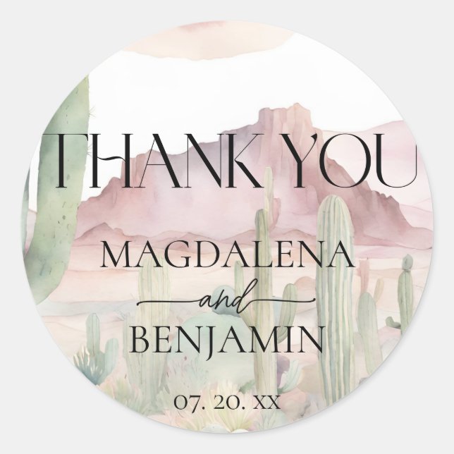 Elegant Boho Desert Landscape Cactus Wedding Classic Round Sticker (Front)