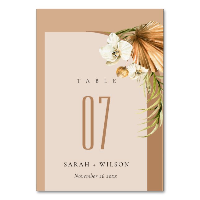 Elegant Boho Dry Palm Rust Floral Arch Wedding Table Number (Front)