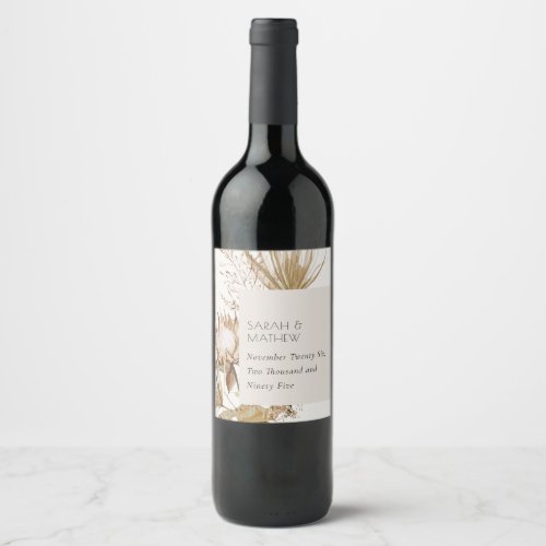 Elegant Boho Dusky Blush Protea Dried Palm Floral Wine Label