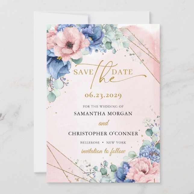 Elegant boho dusty blue and blush roses gold frame save the date (Front)