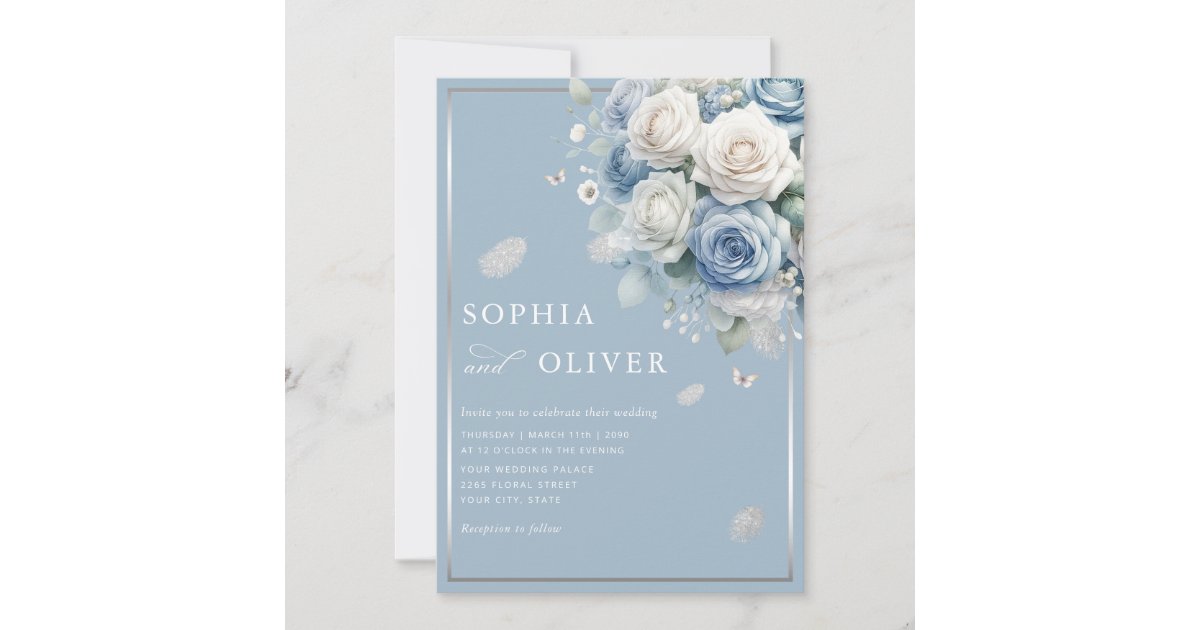 Elegant Boho Dusty Blue Floral Elegant Wedding Invitation | Zazzle