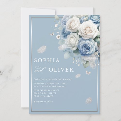Elegant Boho Dusty Blue Floral Elegant Wedding  Invitation
