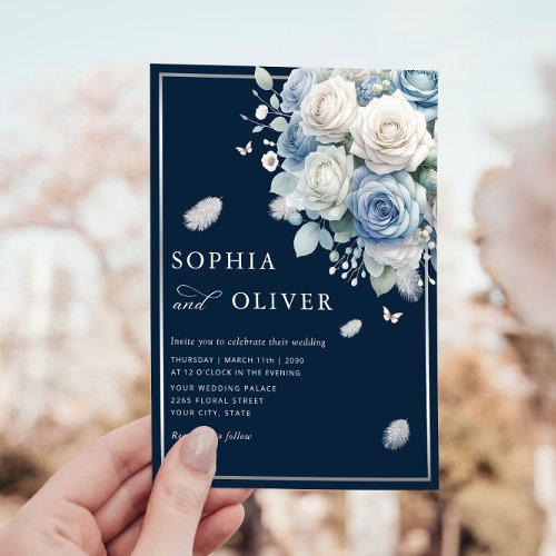 Elegant Boho Dusty Blue Floral Elegant Wedding  Invitation