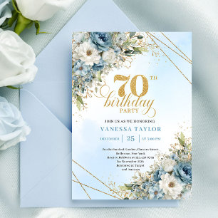 Elegant boho dusty blue florals gold frame 70th  invitation