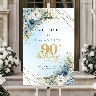 Elegant Boho dusty blue gold 90th birthday welcome Poster
