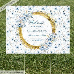 Elegant boho dusty blue gold wedding welcome sign