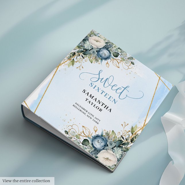 Elegant Boho Dusty Blue Ivory Floral Sweet Sixteen 3 Ring Binder (Elegant Boho Dusty Blue Ivory Floral Sweet Sixteen)