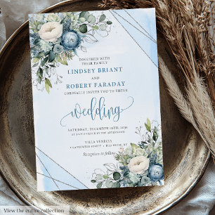 Elegant Boho Dusty Blue Silver Flowers Wedding  Invitation