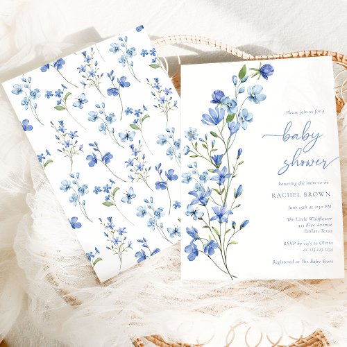 Elegant Boho Dusty Blue Wildflower Baby Shower Invitation