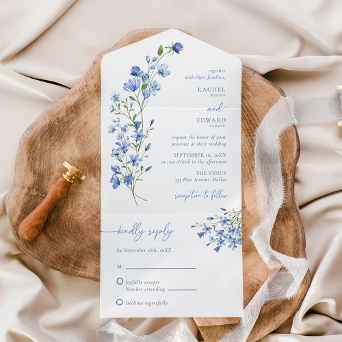 Elegant Boho Dusty Blue Wildflower Wedding All In One Invitation
