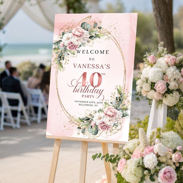 Elegant Boho Dusty Pink Greenery 40th Birthday   Poster (Elegant Boho Dusty Pink Greenery 40th Birthday Welcome)