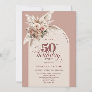 Elegant Boho Dusty Pink Pampas Floral 50 Birthday Invitation