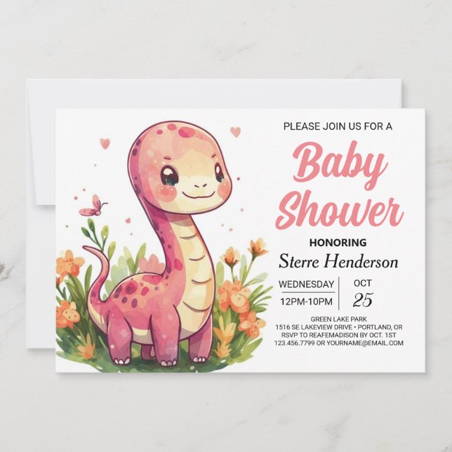 Elegant Boho Editable Dinosaur Girl Baby Shower Invitation (Front)