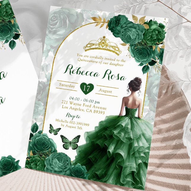 Elegant Boho Emerald Green Floral Quinceañera Invitation (Creator Uploaded)