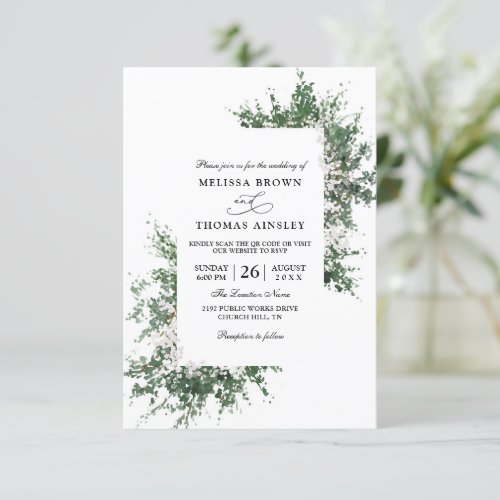 Elegant Boho Eucalyptus Budget QR Code Wedding Invitation