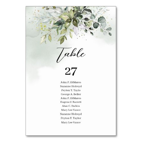 Elegant Boho Eucalyptus greenery branches gold Table Number