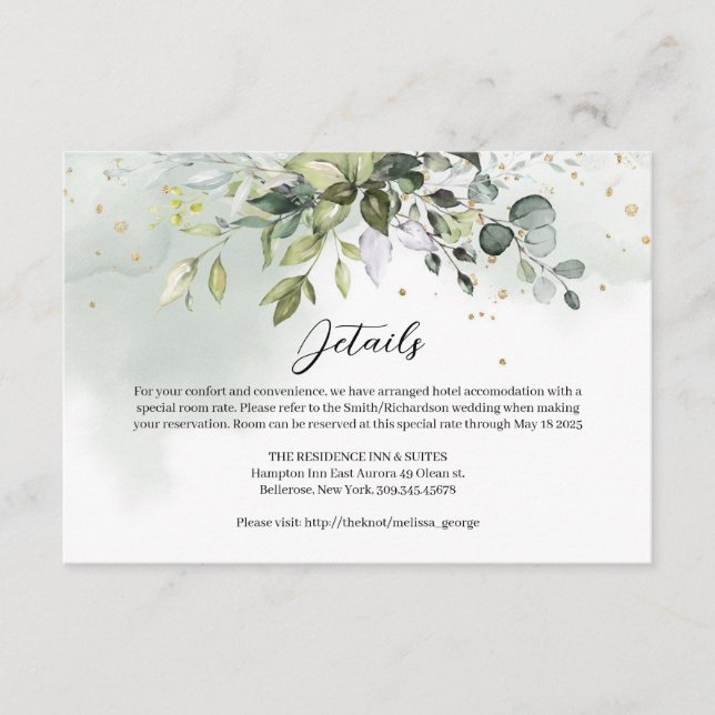 Elegant boho eucalyptus greenery gold details enclosure card (Front)