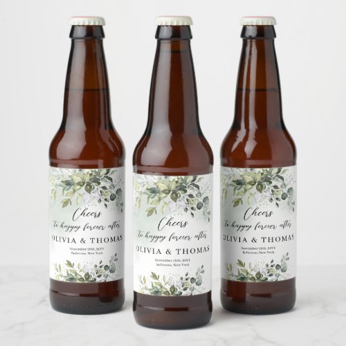 Elegant boho eucalyptus greenery gold frame beer bottle label