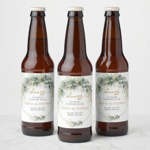 Elegant boho eucalyptus greenery gold frame beer bottle label