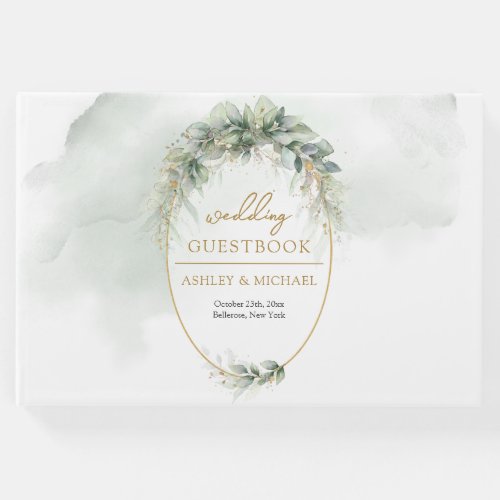 Elegant boho eucalyptus greenery gold frame guest book